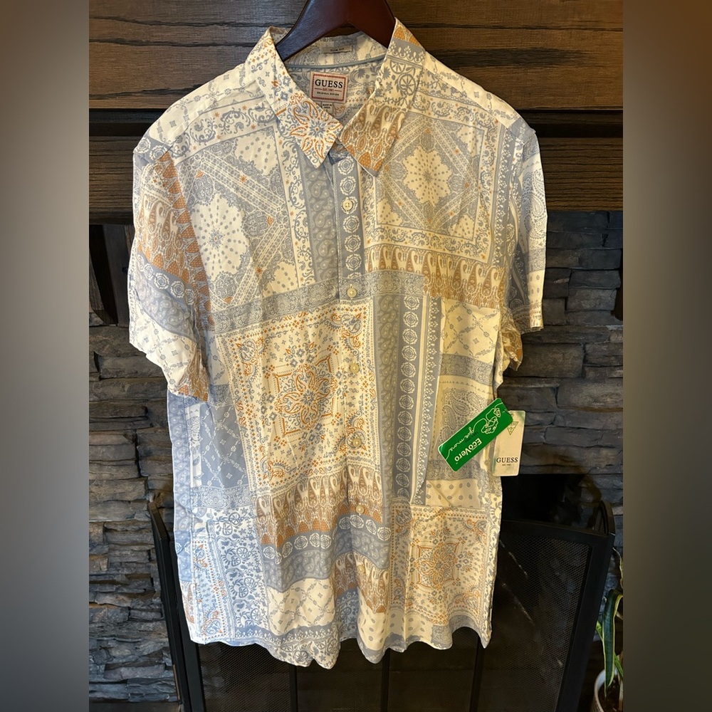 Guess Men's Blue and Brown Patterned Button Down Shirt